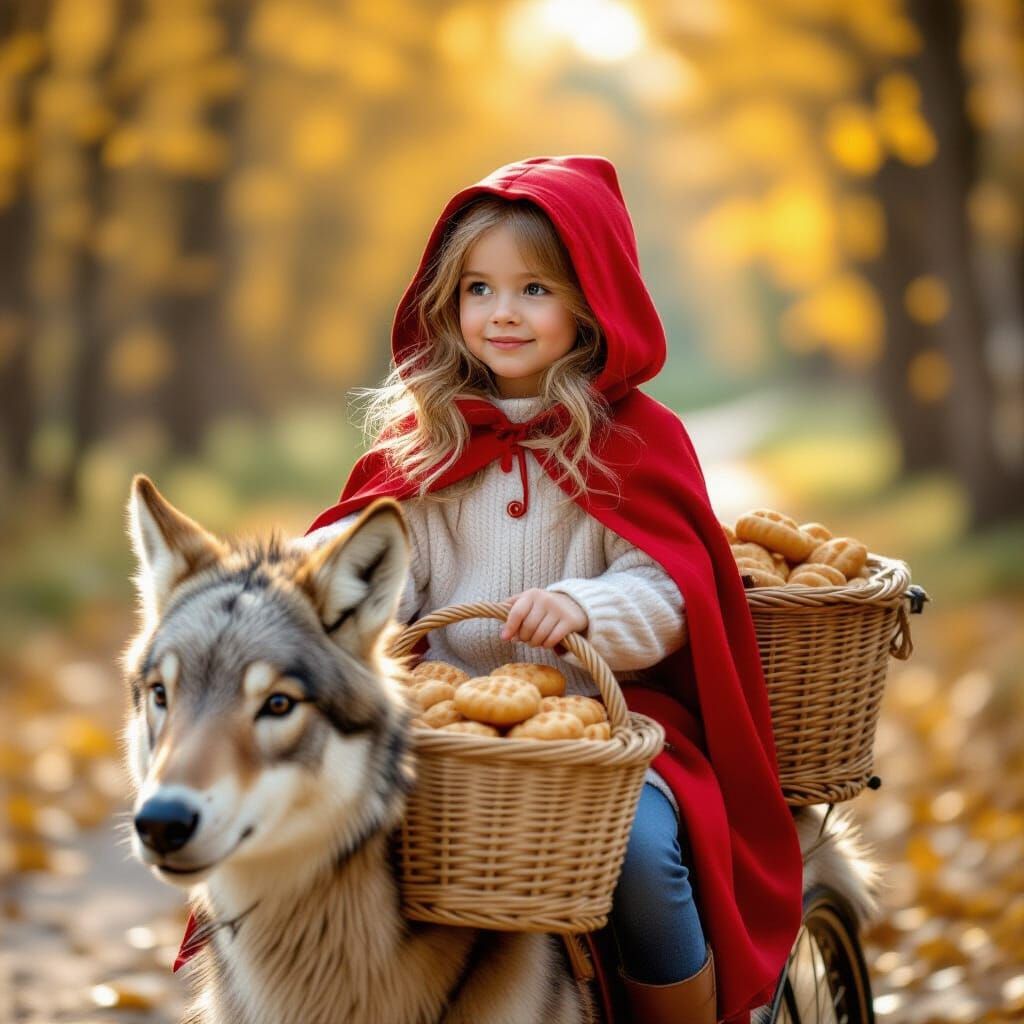 Girl in Red Riding Hood Rides Wolf Through Forest
