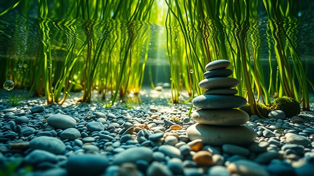 Underwater Zen Garden with Sunlight and Seaweed