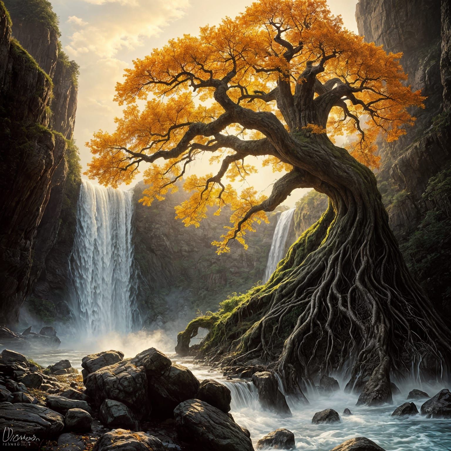 Ancient Gnarled Tree Beside Waterfall in Autumn Light