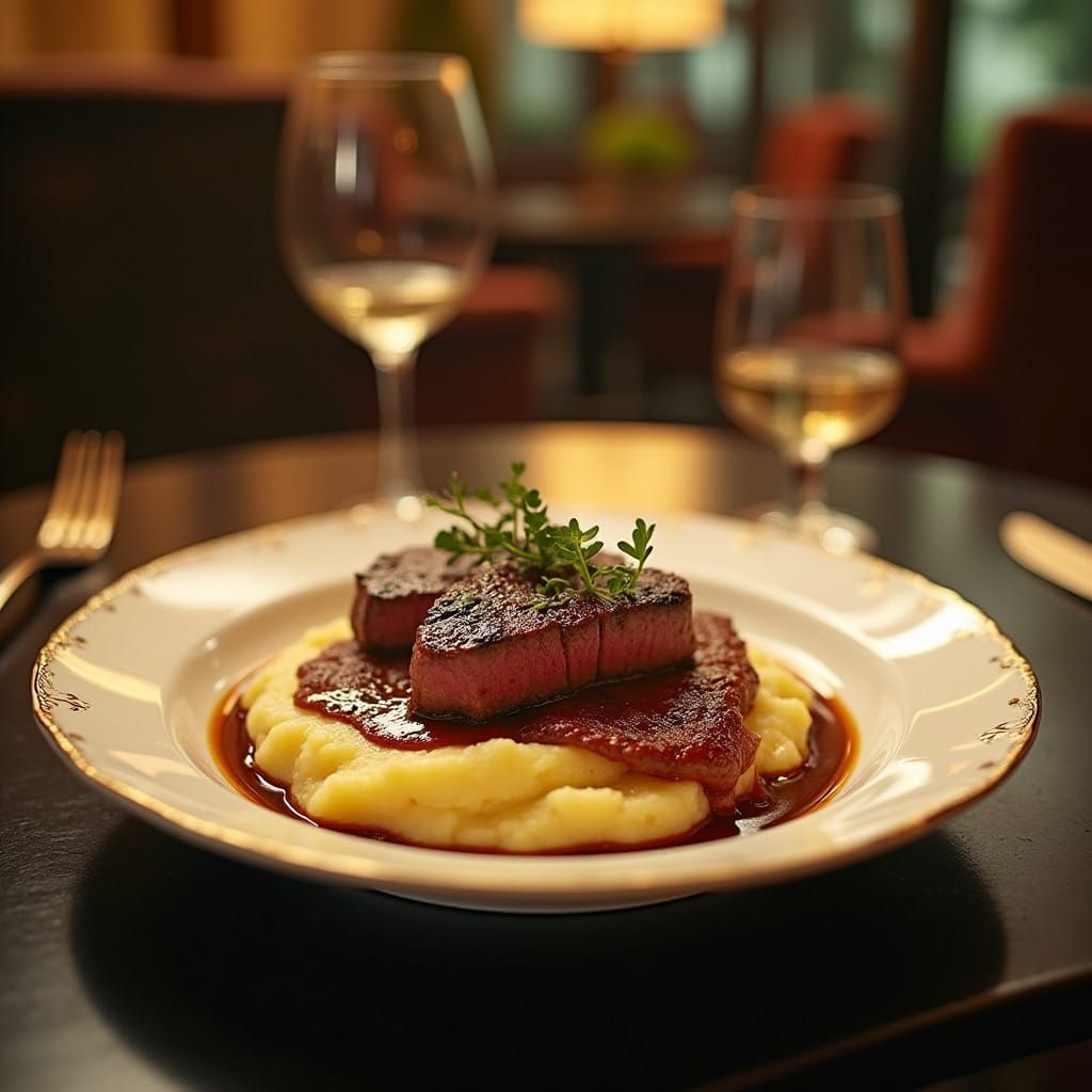 Luxurious Beef Medallions on Mashed Potatoes in a Hyperreali...