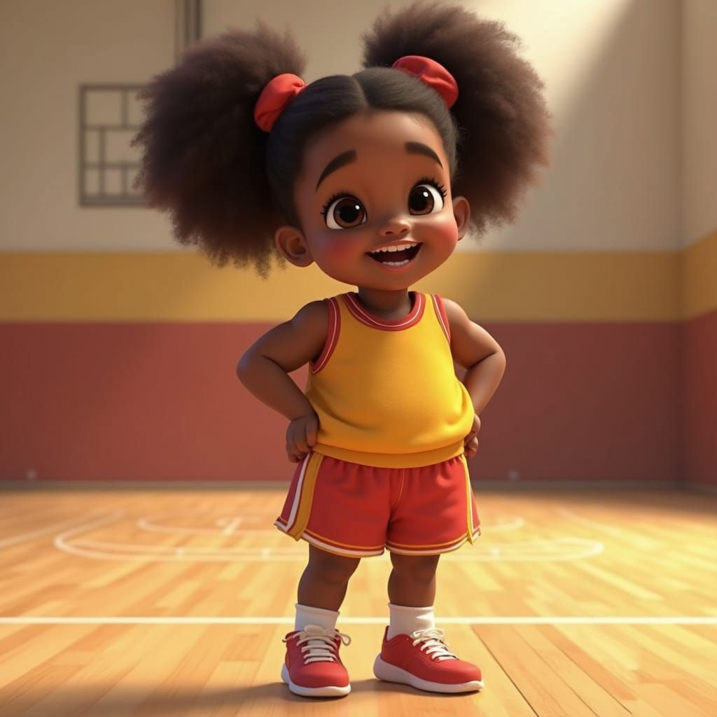 Happy Black Girl in Basketball Uniform Inspired by Pixar Ani...