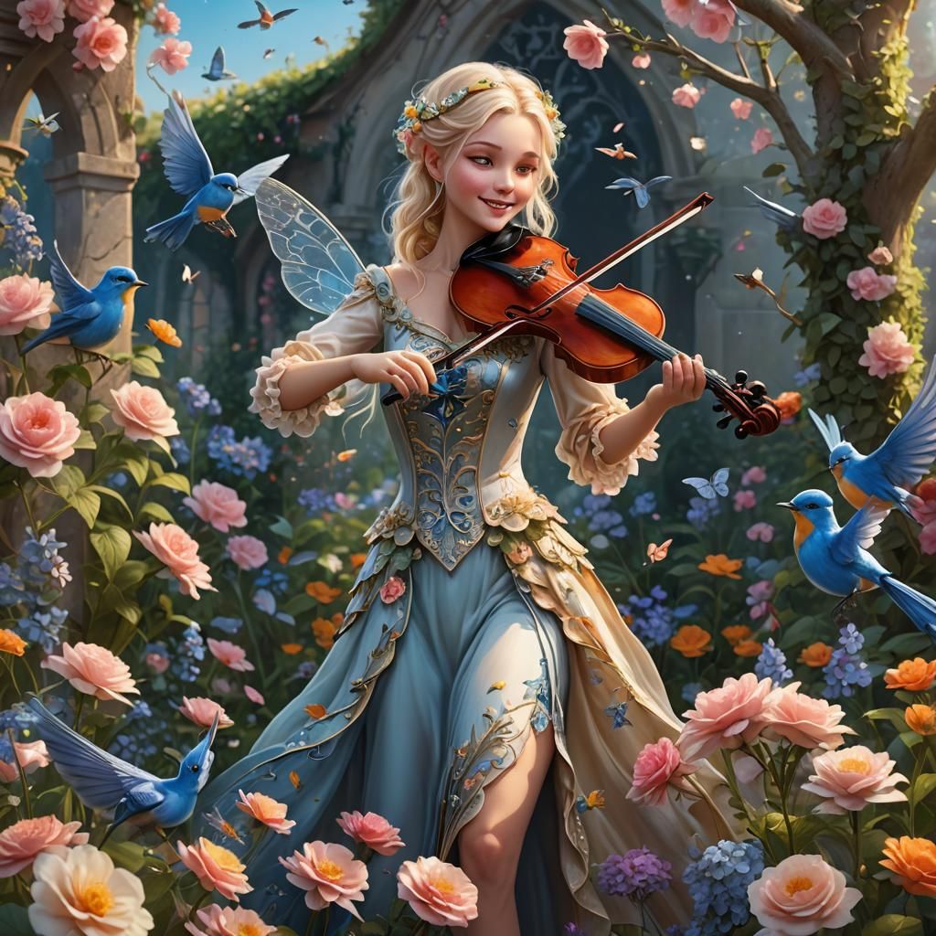 Fairy's Violin Serenade in Floral Garden