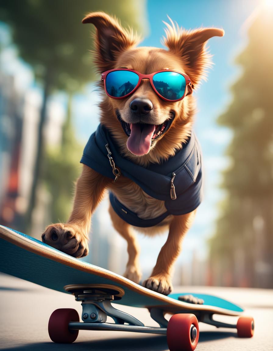 Three legged dog riding skateboard.