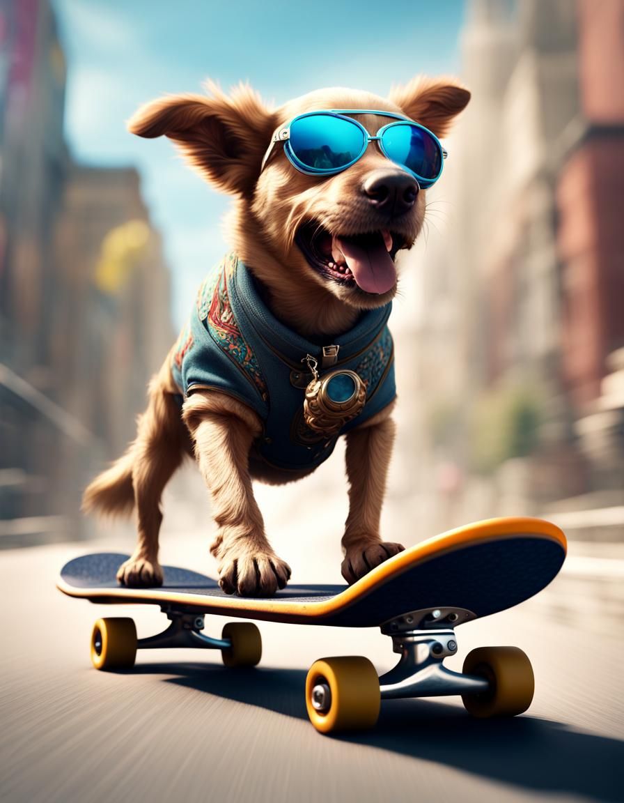 Three legged dog riding skateboard.