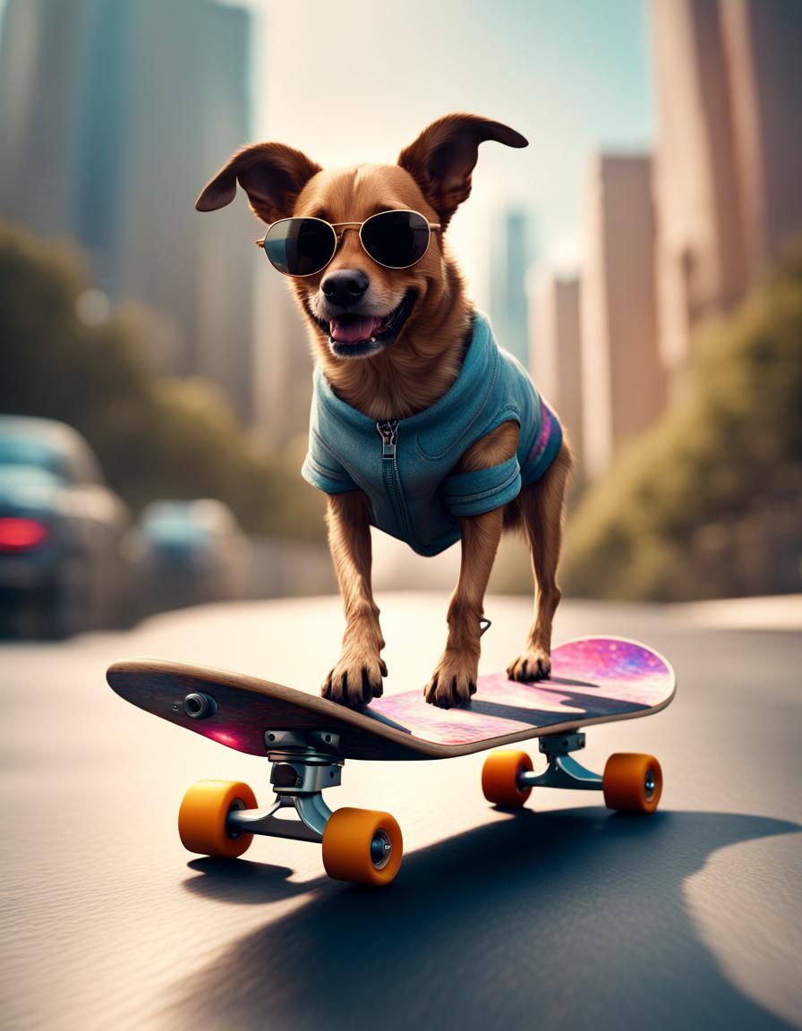 Three legged dog riding skateboard.