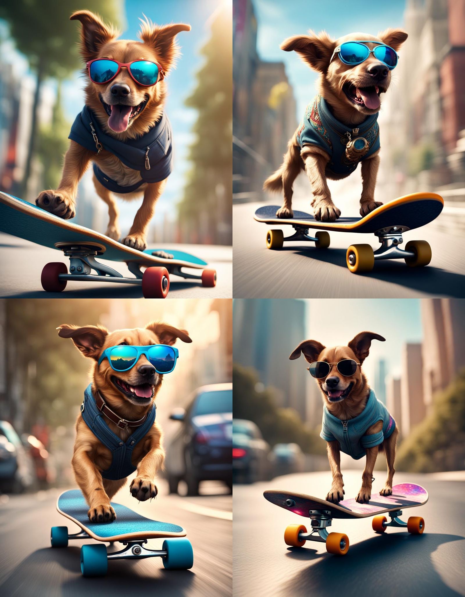 Three legged dog riding skateboard.