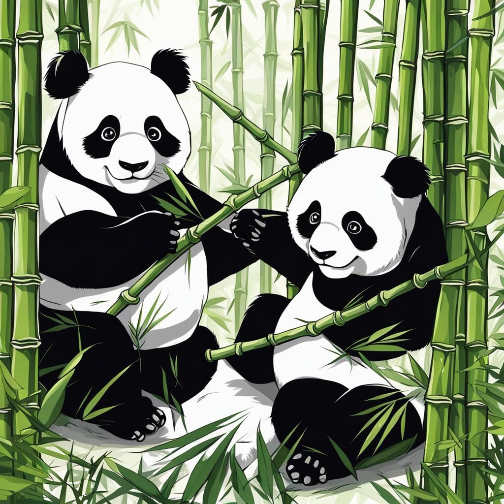 Cute Anime Cyborg Pandas Playing in Bamboo