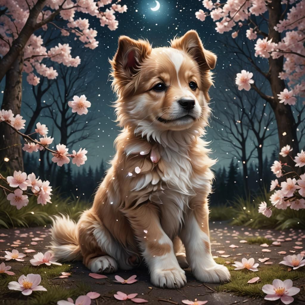 Adorable Puppy in Golden Sakura Rain, Digital Art