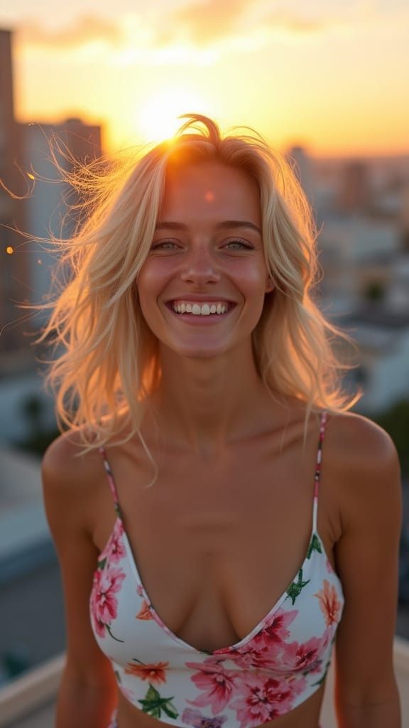 Woman Throwing Glitter in City at Sunset