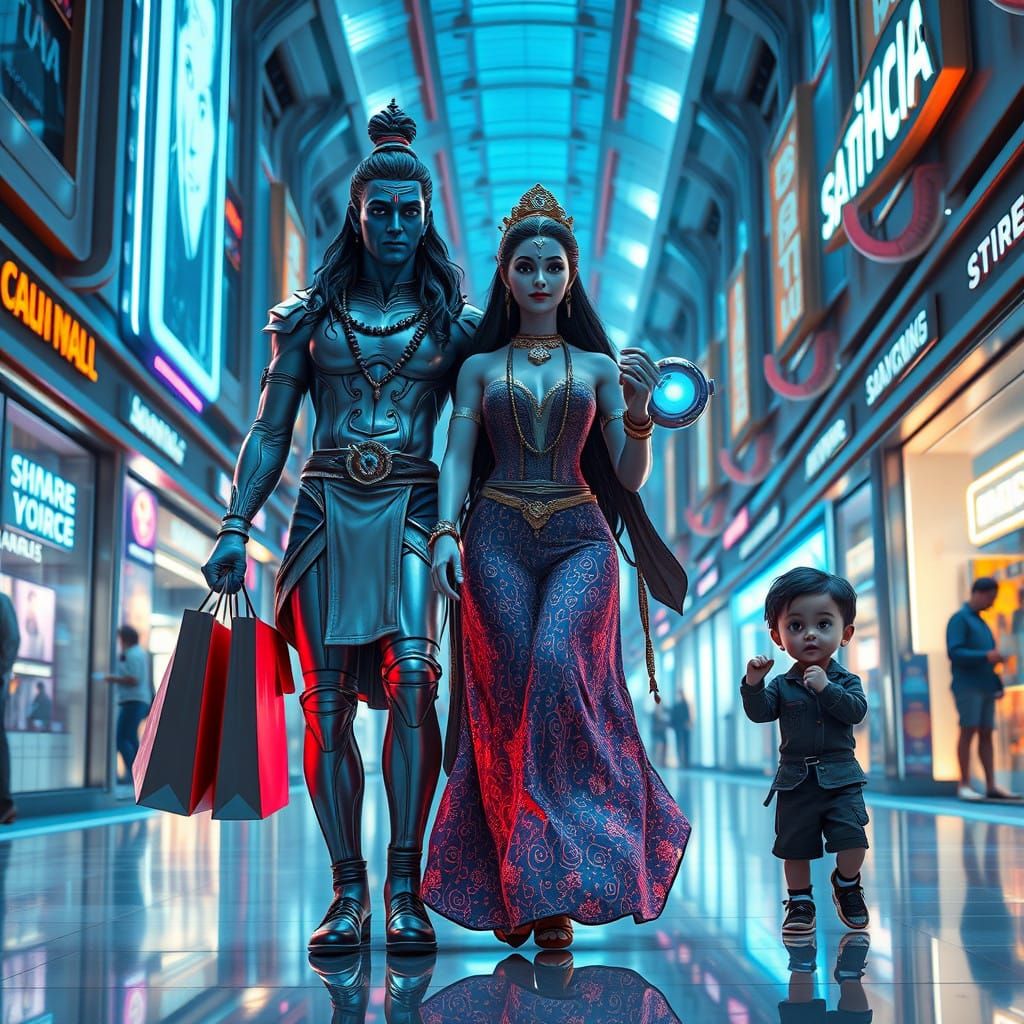 The Shiva Family in a Futuristic Shopping Mall