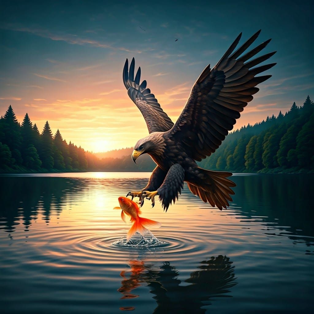 Majestic Eagle Catches Goldfish in Sunset Landscape