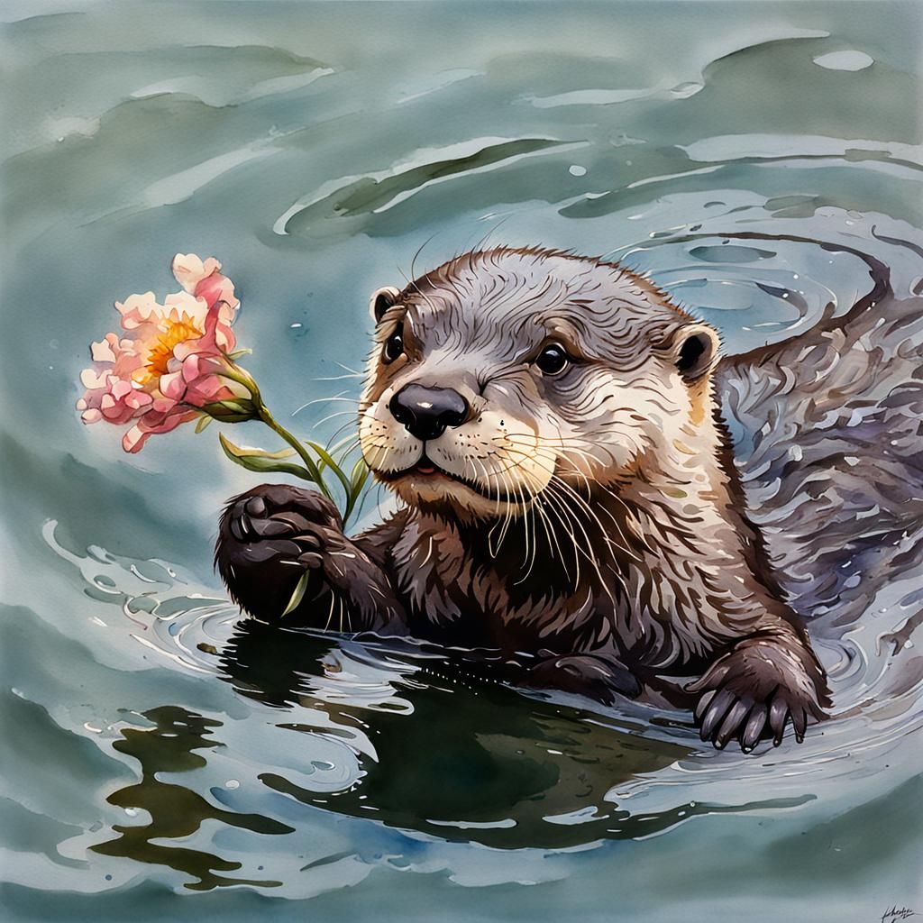 Baby Otter with Flowers: Hudson River School Watercolor