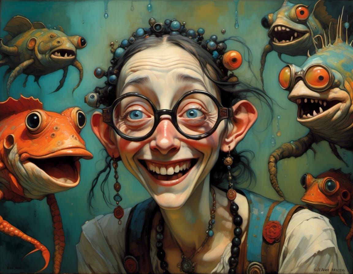 Eccentric Woman with Bulging Eyes in Vibrant Colors