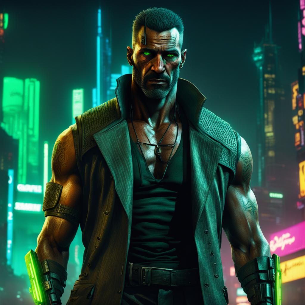 Cyberpunk Moroccan Man with Scars and Green Eyes