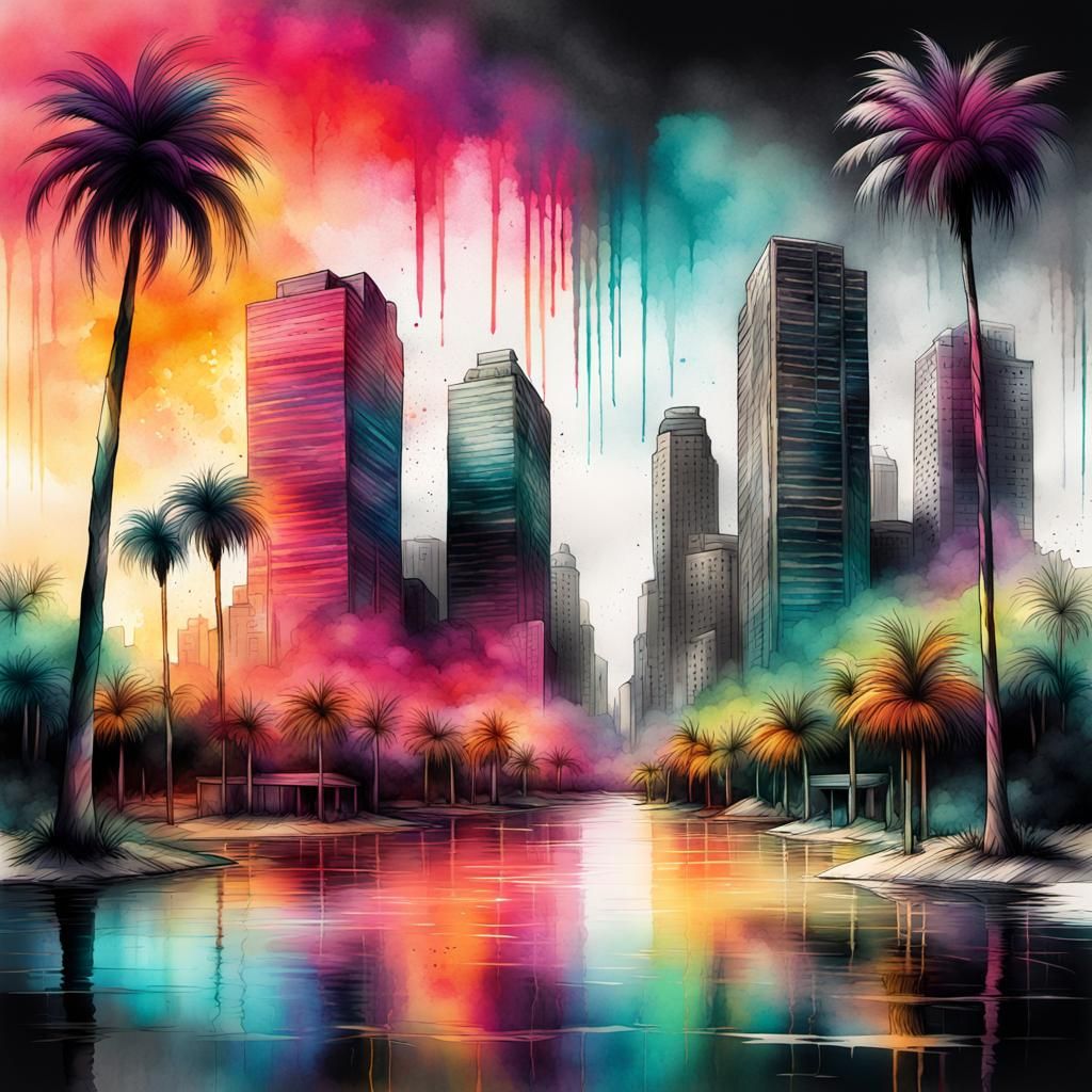 Hyperrealistic Comic Cityscape with Palm Trees