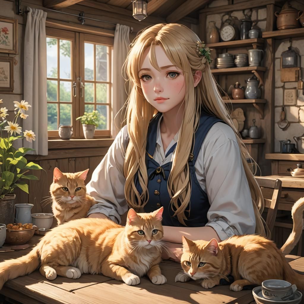 Anime Girl with Cats in Cottage, 3D Art