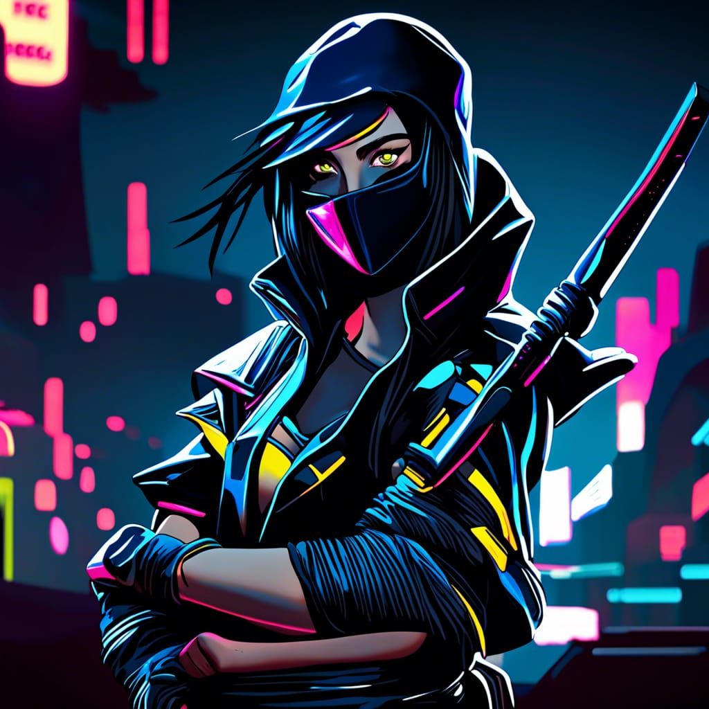 Beautiful Female Ninja in Cyberpunk Neon Night