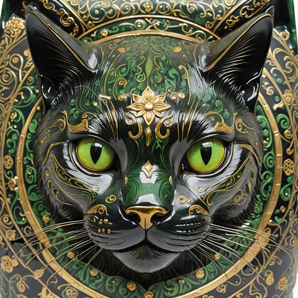 Ceramic Black Cat Statue with Golden Inlay