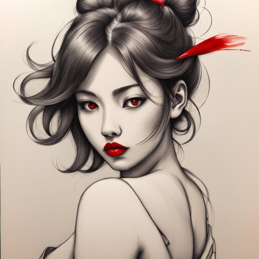 Minimalist Line Art with Red Lips