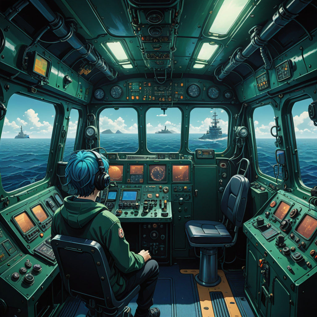 Teenage Friends Chat Inside a Submarine in Vibrant Anime Sty...