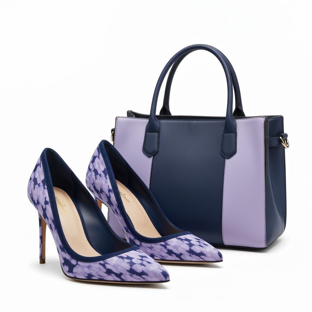 Navy and Lavender Heel and Purse Advertisement