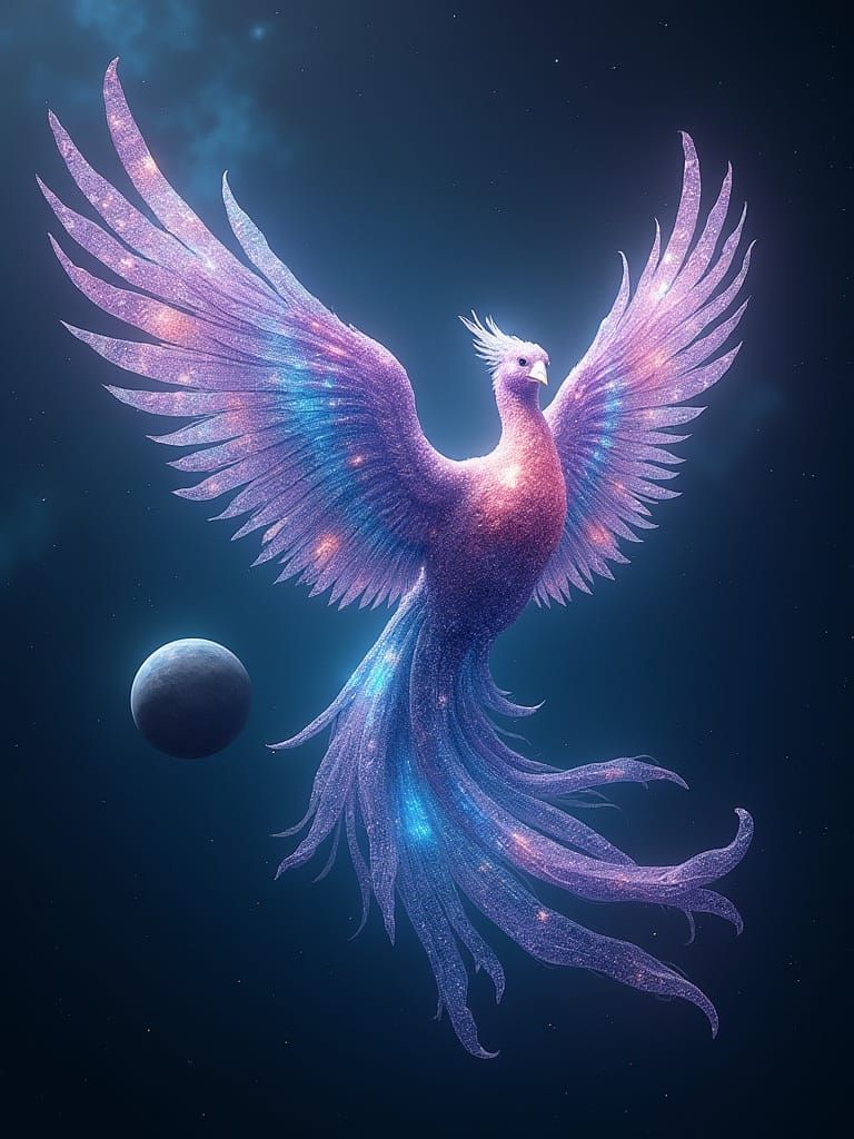 Phoenix Made of Sea Glass in Cosmic Galaxy