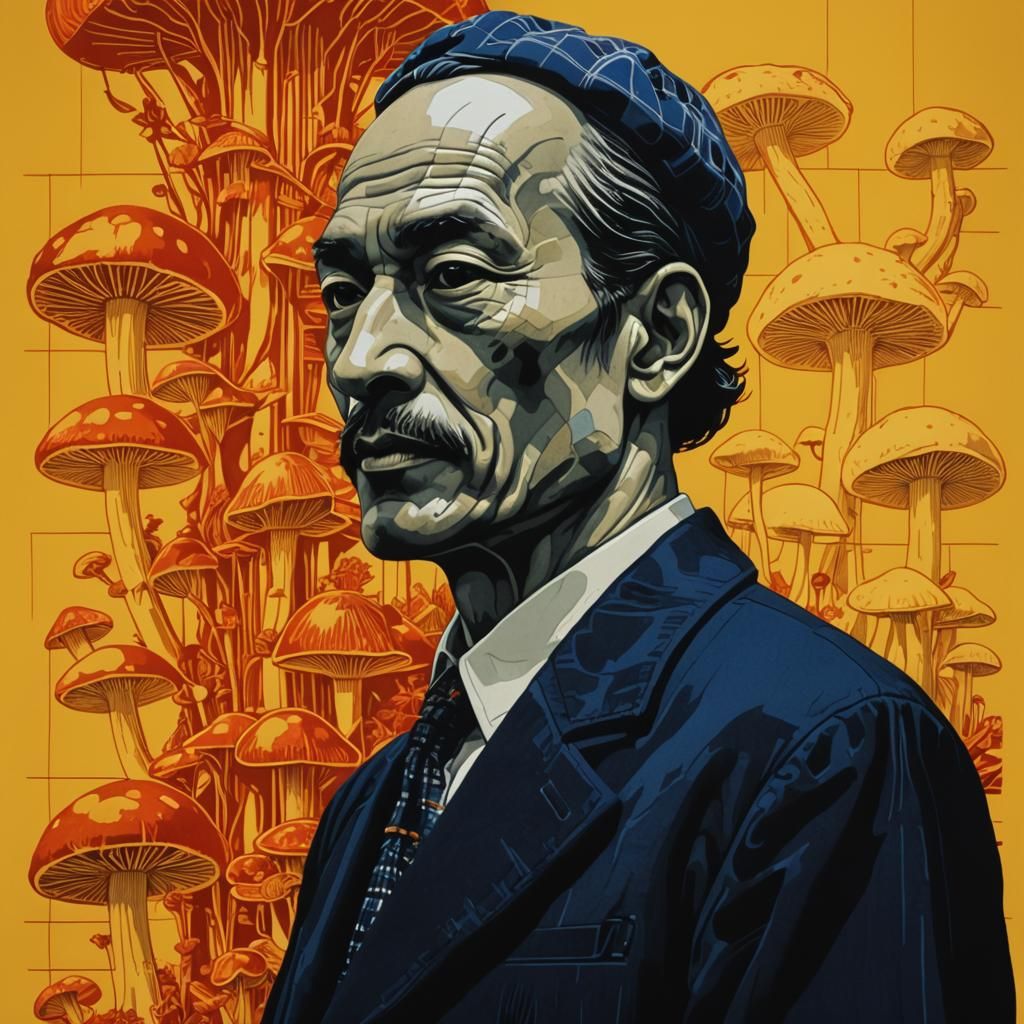 Indonesian Sculptors Tend Giant Mushrooms: Linocut Print