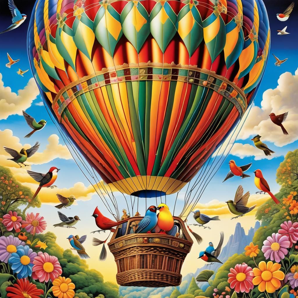 Whimsical Bird Guardians in Fantasy Hot Air Balloon