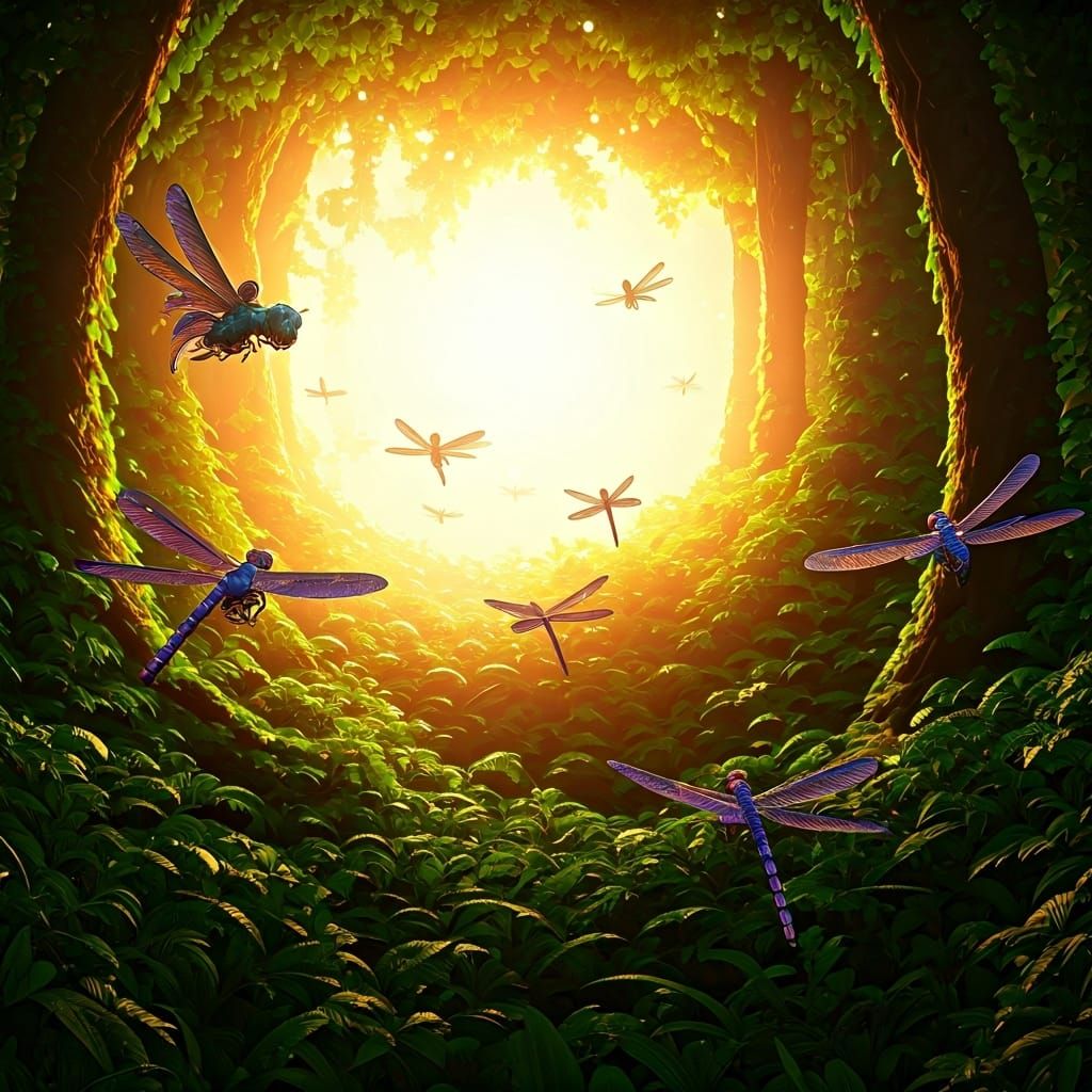 Dragonflies in Lush Forest, Pixar-style 3D Art