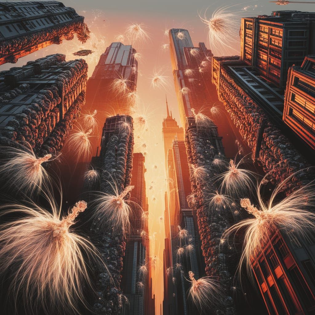 Vibrant Cityscape with Fractal Patterns and Ethereal Creatur...