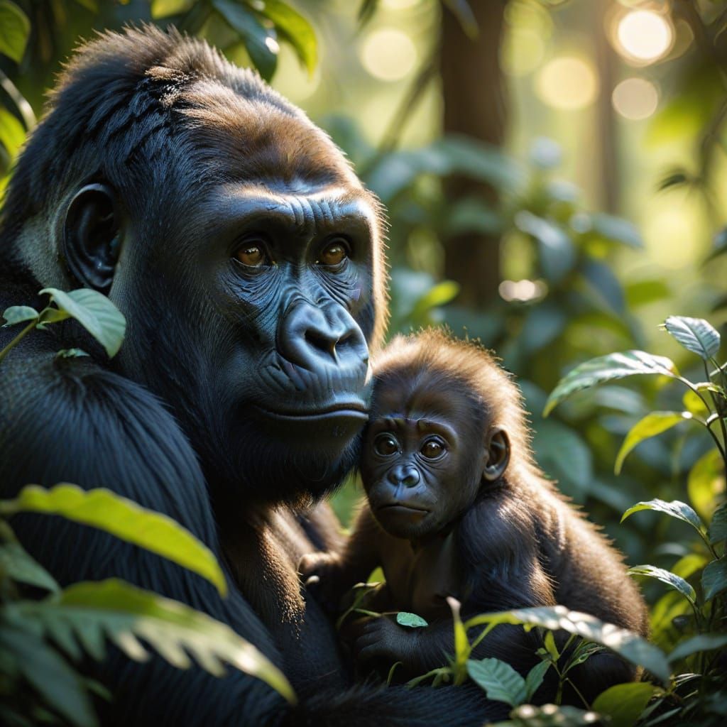 Gentle Gorilla Mother and Baby Hiding in African Rainforest