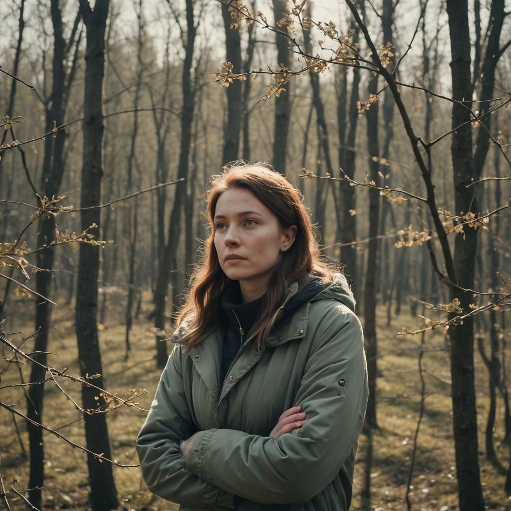Snowy Village Scene with Suspicious Gaze in Warm Cinematic L...