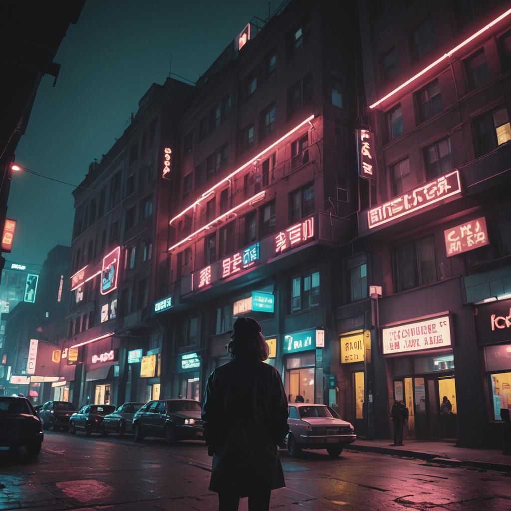 Suspicious Encounter in a Snowy Landscape in Neon Noir Style