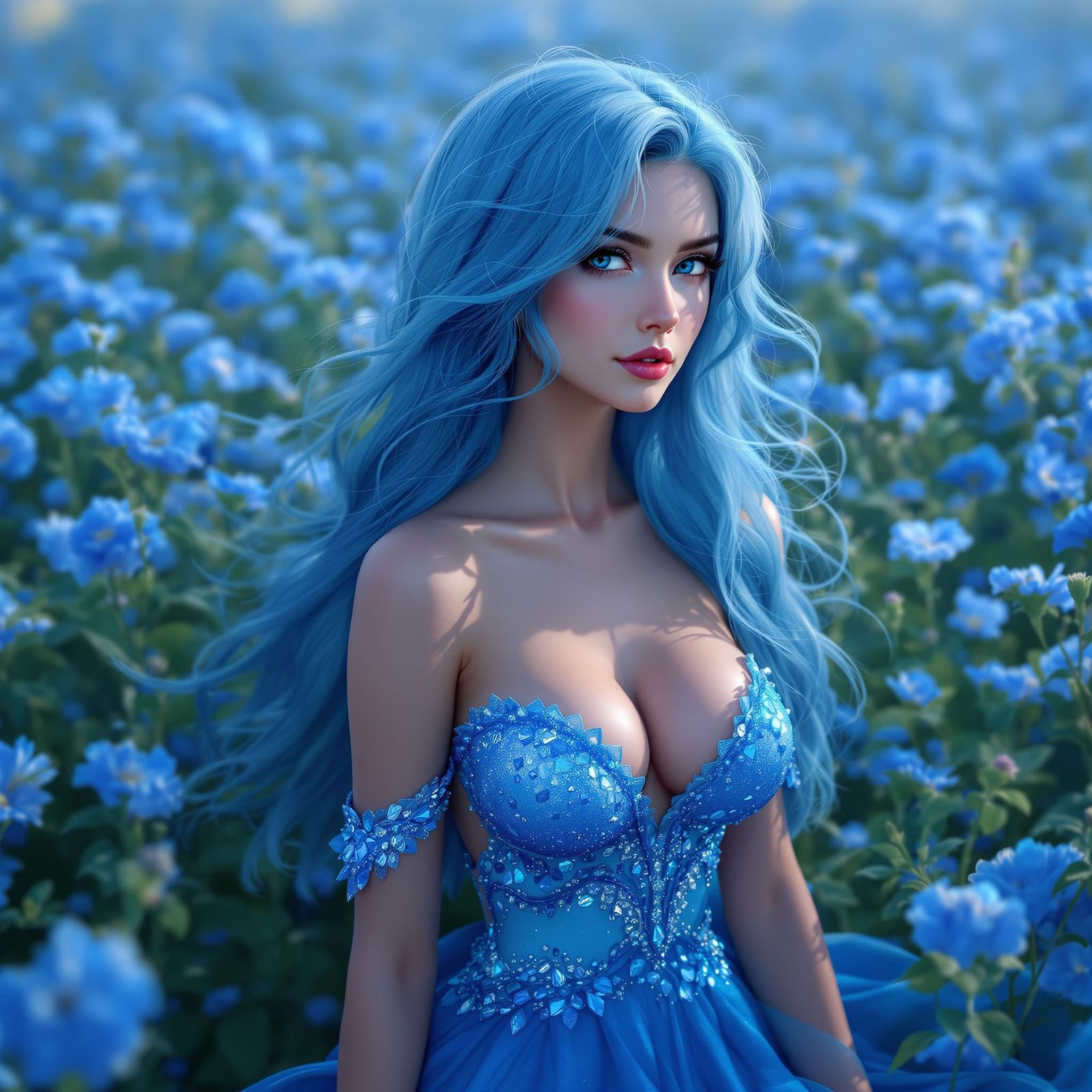 Blue Haired Woman in Azure Dress