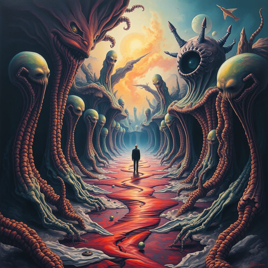 Elongated Figure in Dreamlike, Biomechanical Landscape