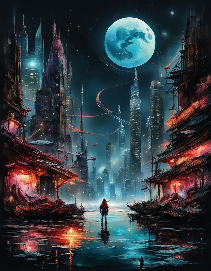 Sci-Fi Cityscape with Red Lights and Golden Light