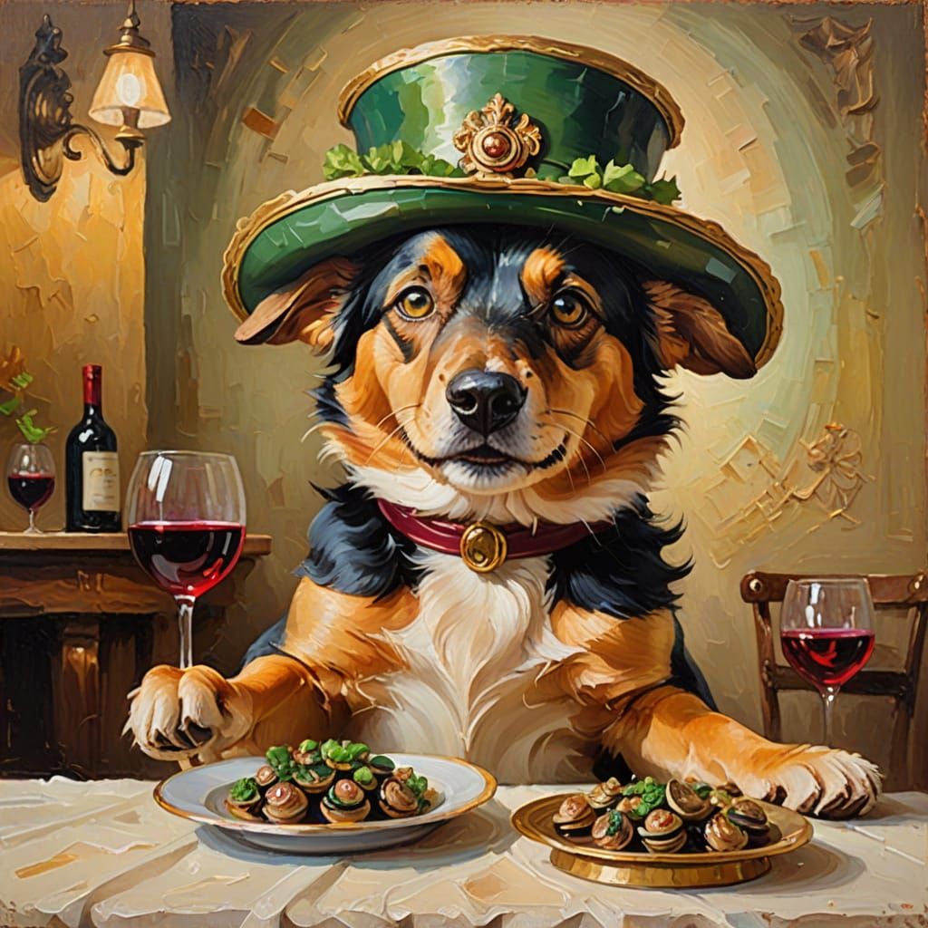 A cute, happy, Tane Canine with big green eyes, wearing a Na...