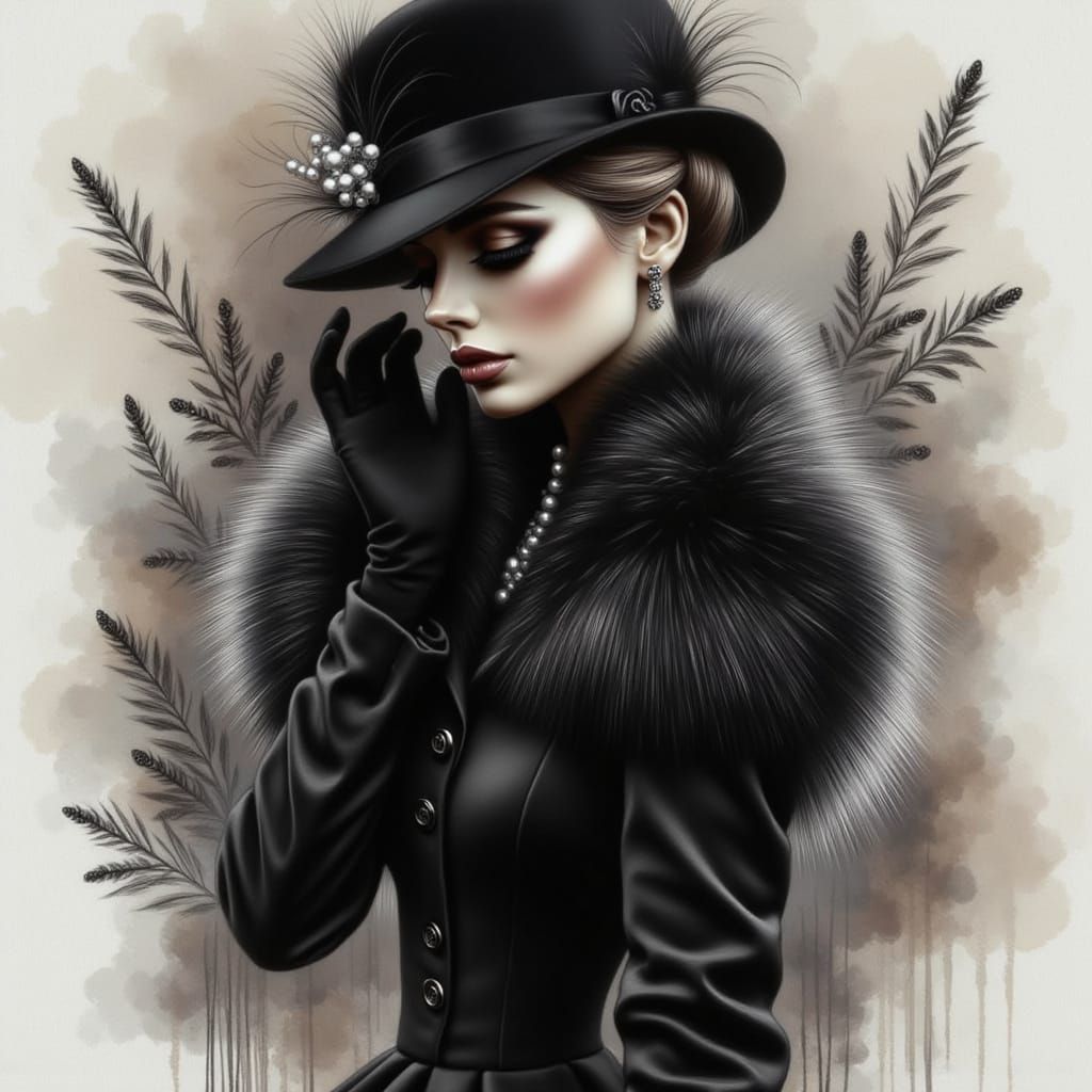 Elegant Woman in 1960s Chanel Suit, Watercolor and Acrylic A...