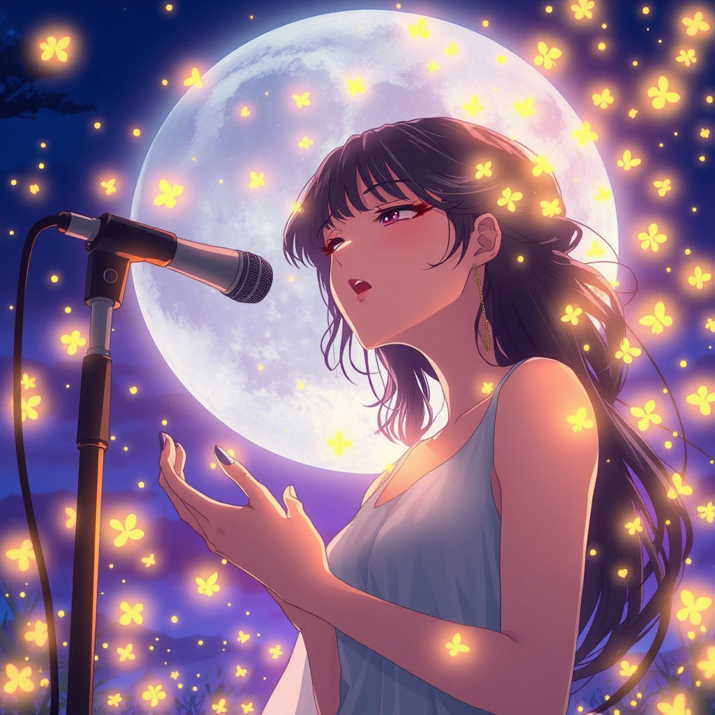 Singer Surrounded by Fireflies in Anime Style