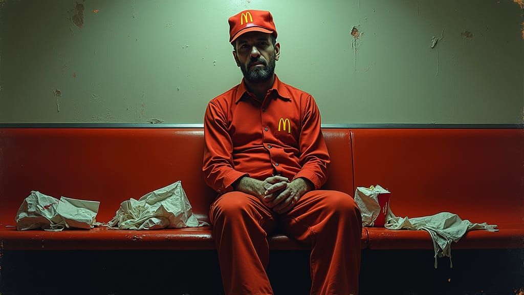 Weary Worker in McDonald's Uniform, Expressionist Style