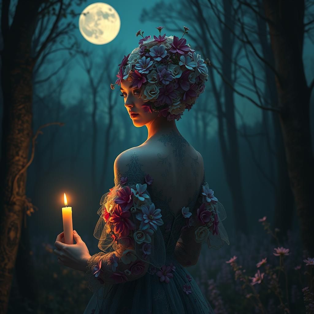 Woman in Flower Dress in Moonlit Forest