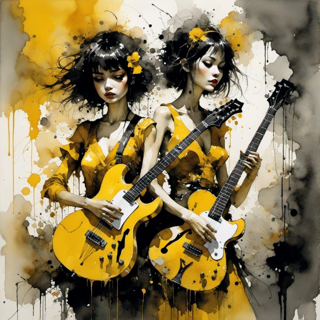 Girls with Guitars: Surreal Watercolor Art