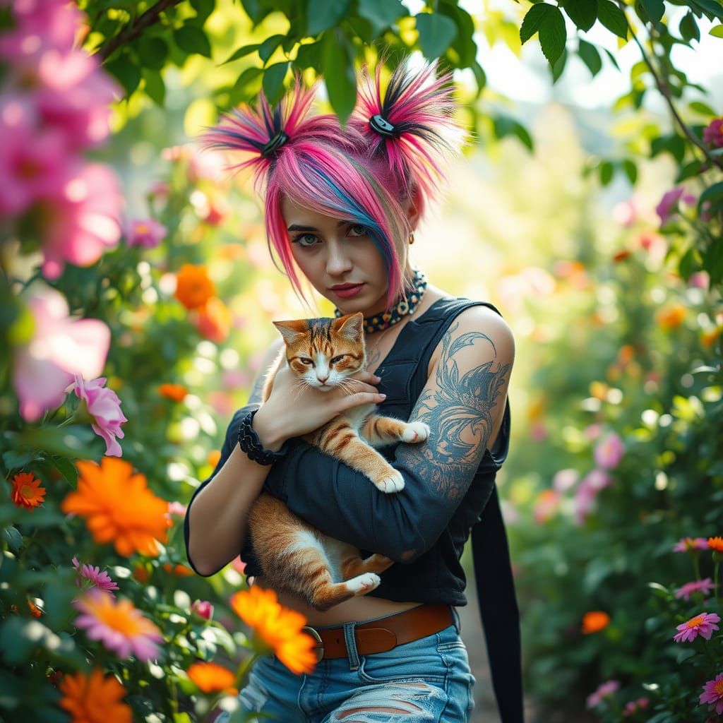 Girl with Cat in Vibrant Garden Portrait