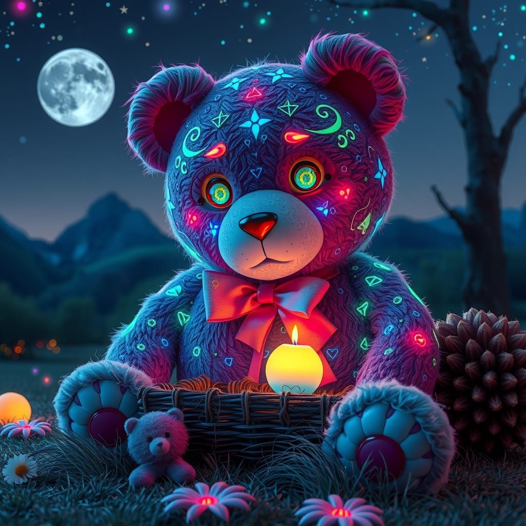 Magical Bioluminescent Teddy Bear Picnic in Surreal Landscap...