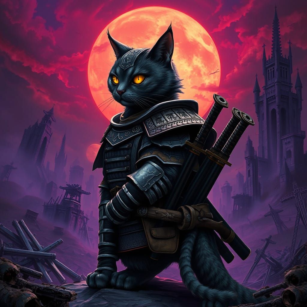 Cyberpunk Samurai Cat Stands Vigilant Amidst Ruins