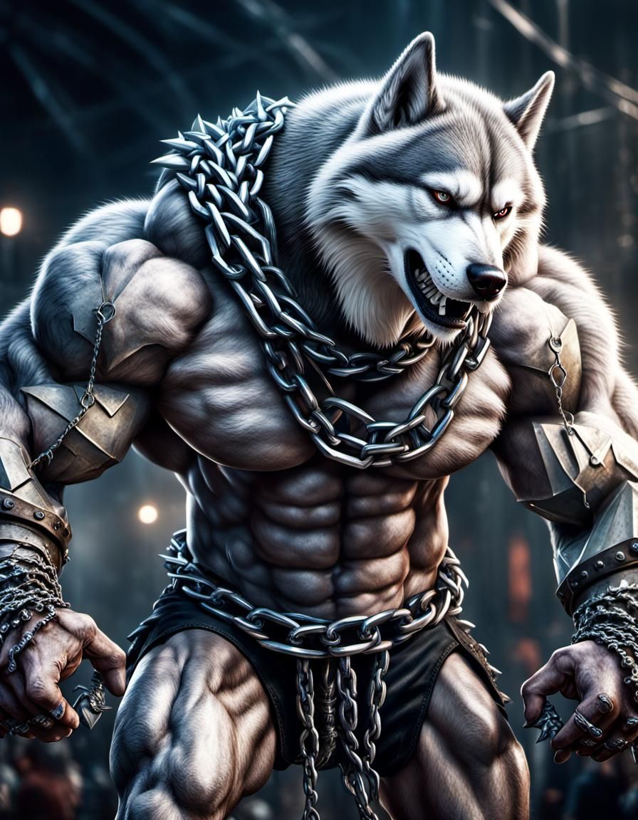anthropomorphic husky man with massive muscular muscle ,8k r...