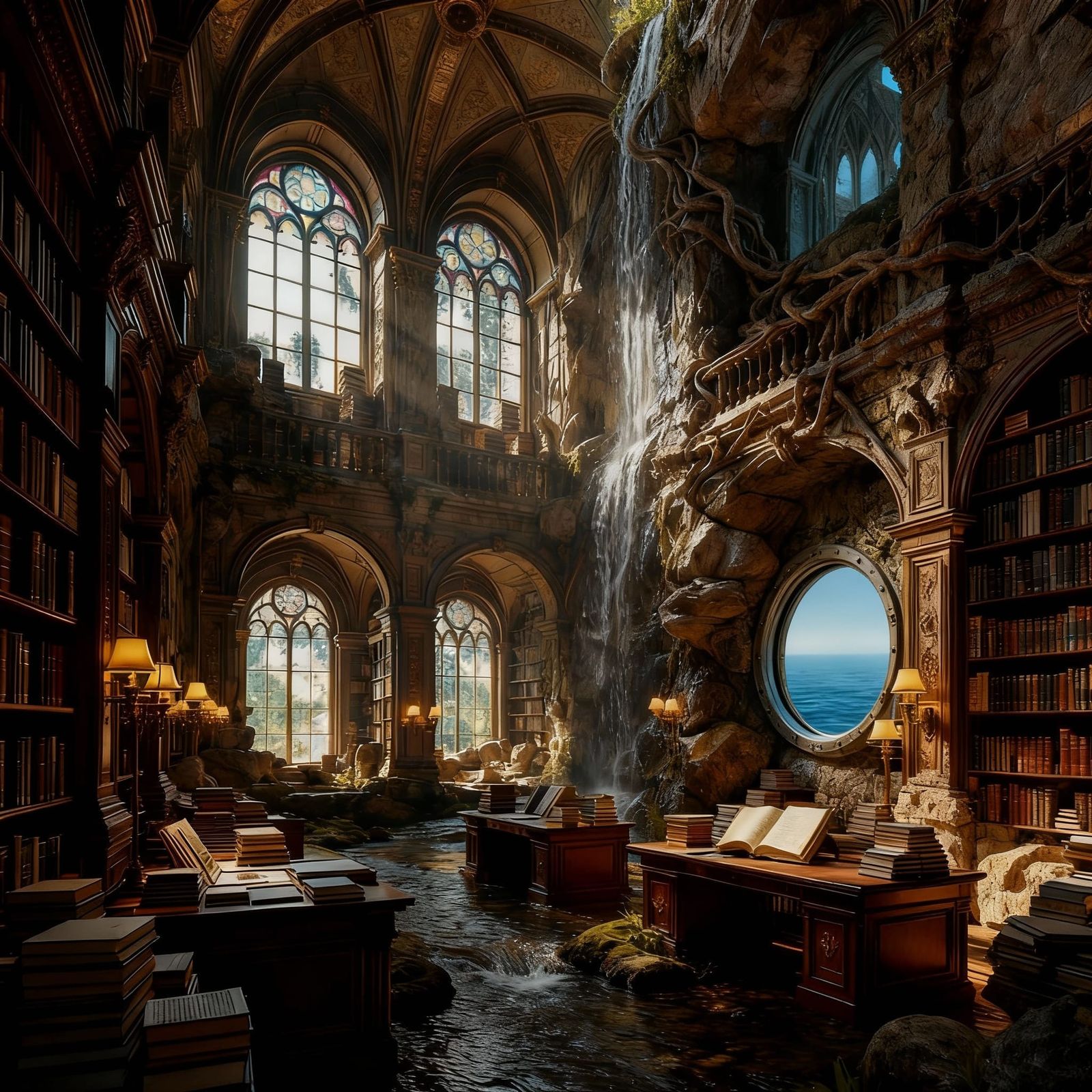 Ancient Paper Library Bathed in Stained-Glass Light