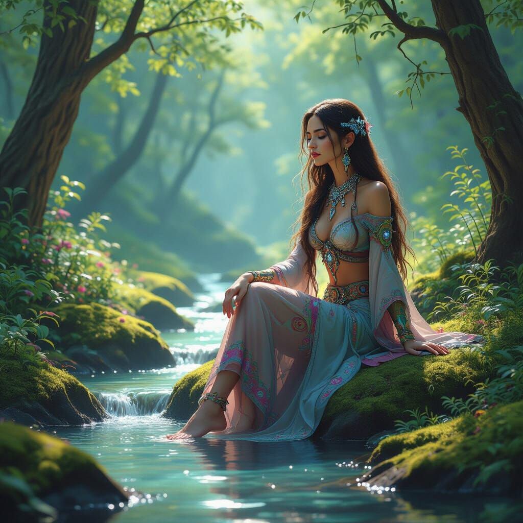 Enchanting Forest Glade with Woman in Fantasy Art Style
