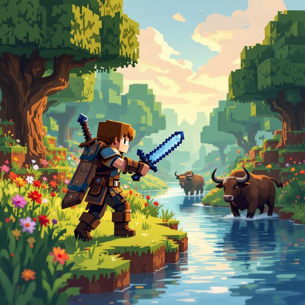 Minecraft Hunter Tracking Bulls on Riverbank in Pixel Art