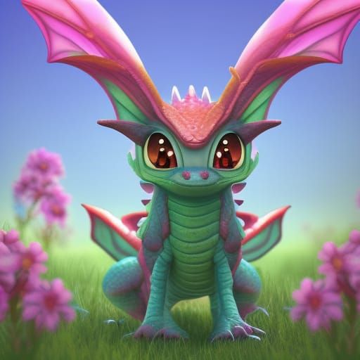 Adorable Dragon in Flower Field, 3D Digital Art